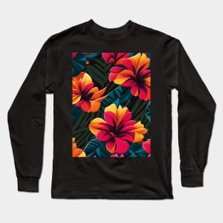 Red Orange Hibiscus Abstract Artwork Long Sleeve T-Shirt